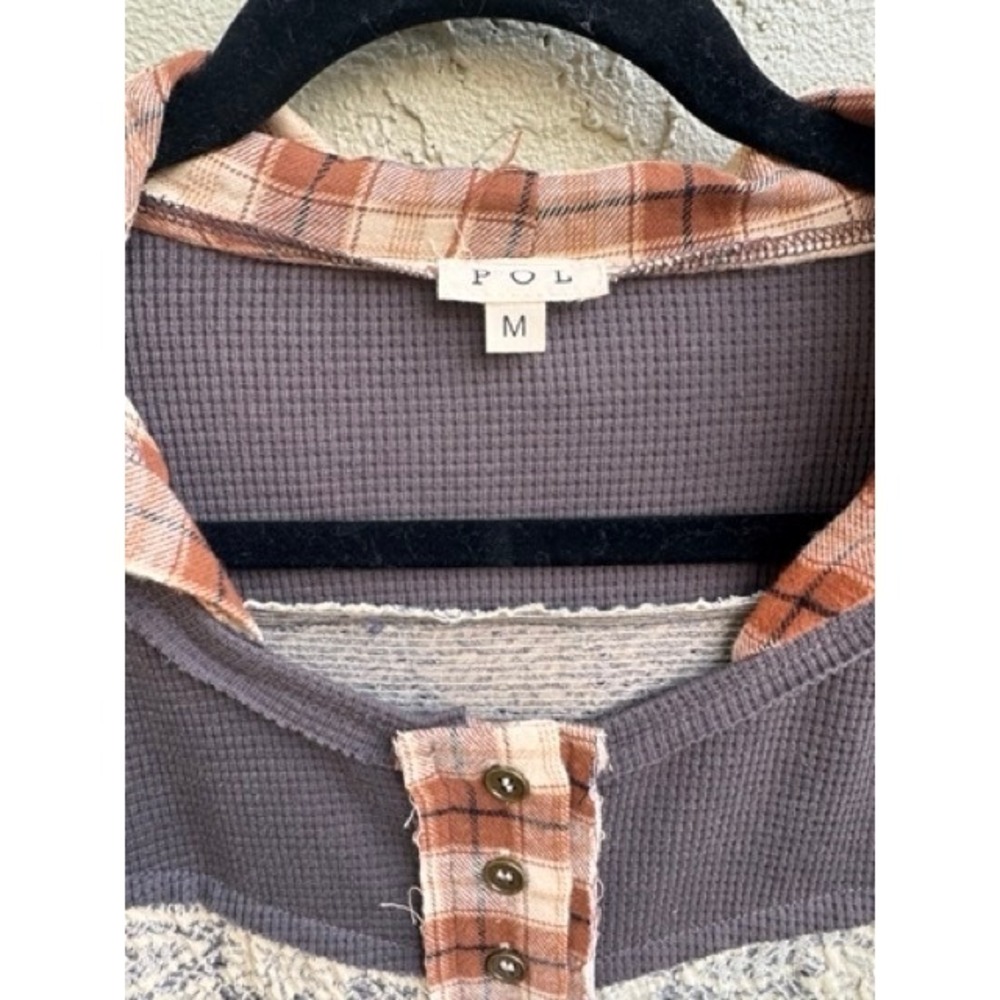 POL Womens Waffle Knit Plaid Lace Hoodie MEDIUM Boho Shabby Rustic Cottagecore - Picture 3 of 6